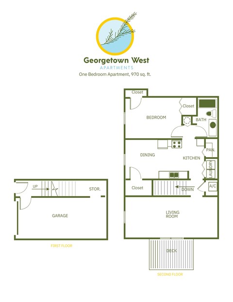 Floor plan for 1 bed, 1 bath, 970 sqft